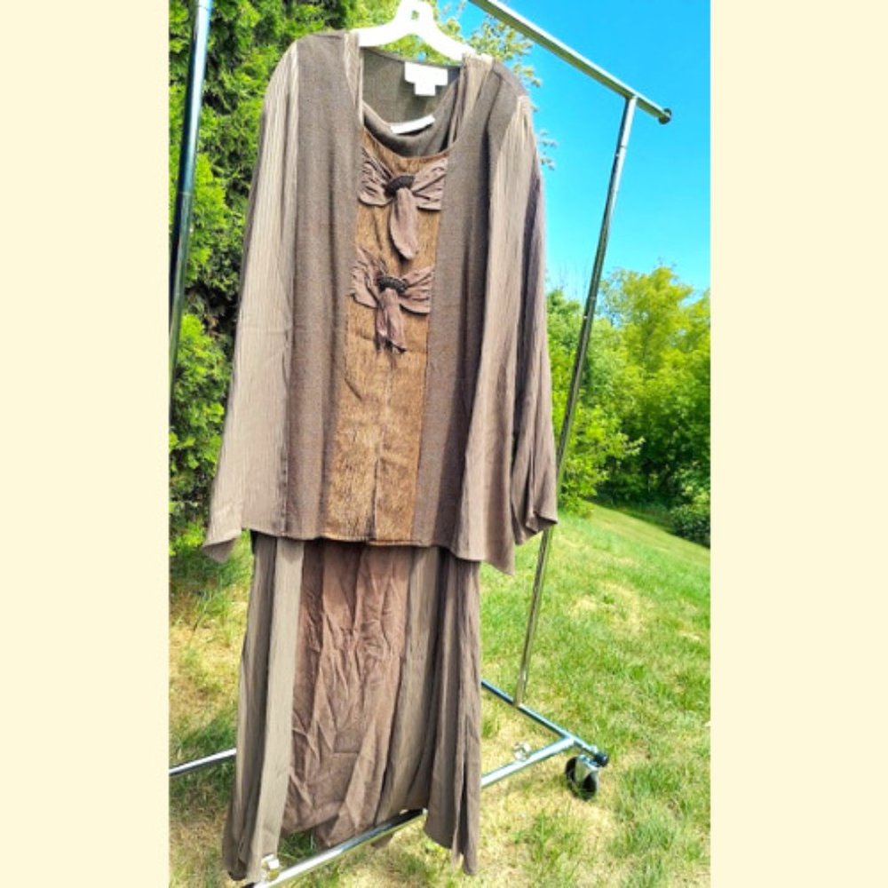 NWT Vintage Deadstock 2 Pc Set Linda Caputo Brown Maxi Dress and Cardigan 4/5X